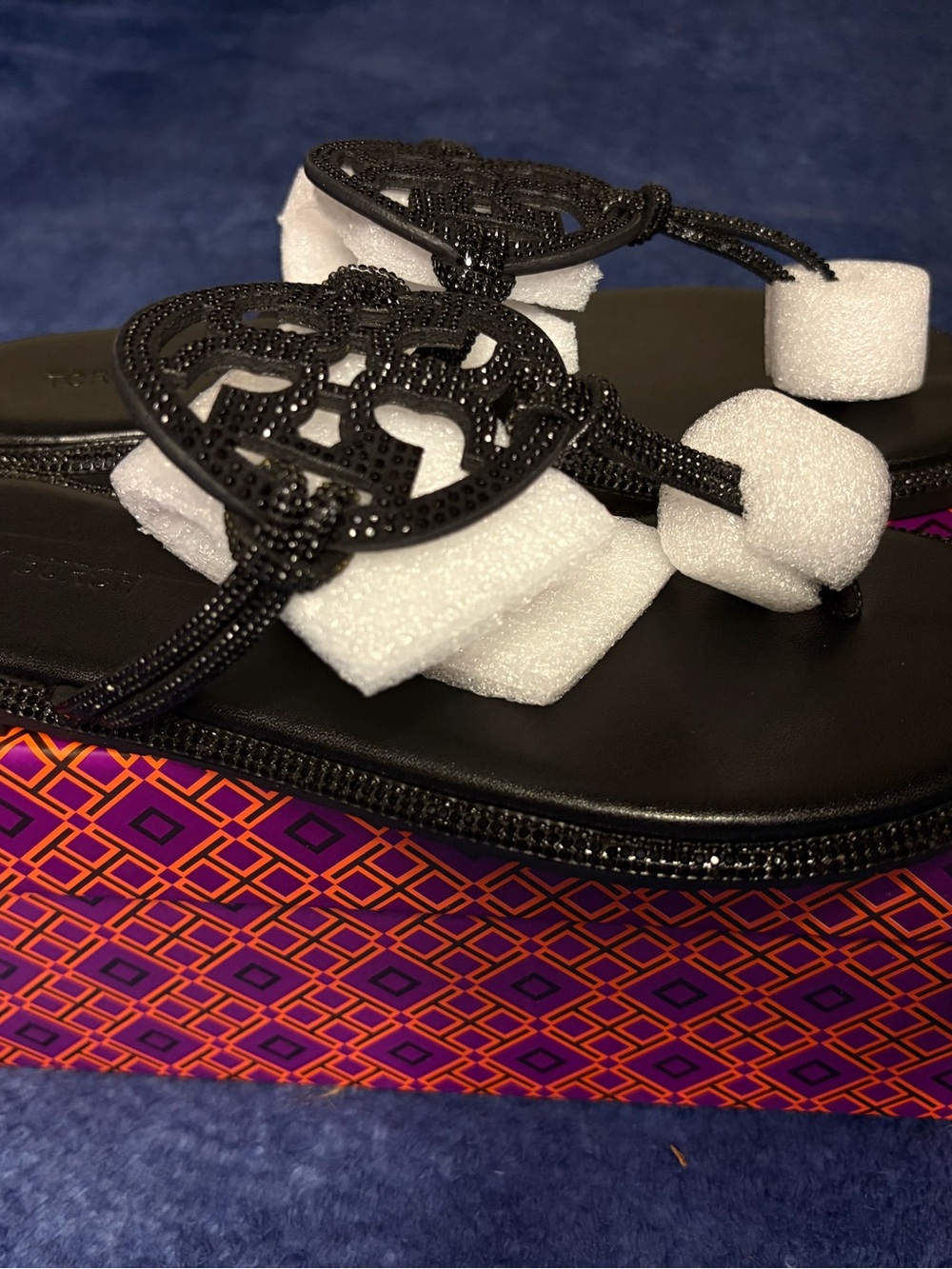 Tory Burch Black Miller Logo Thong Sandals with Beaded Emblem - Picture 4 of 7